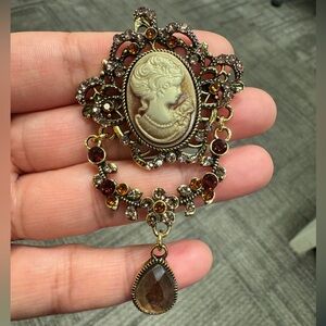 Vintage Cameo Brooch with Brown and Gold Accents